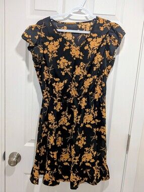 Women’s Black Floral Wrap Dress - Mustard Print